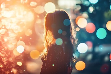 Canvas Print - Silhouette of young girl standing in front of bokeh lights, magical fairytale atmosphere, childhood dreams