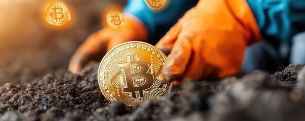 A gold miner striking the earth while digital cryptocurrency symbols fly out of the ground, gold miner, striking earth, cryptocurrency symbols