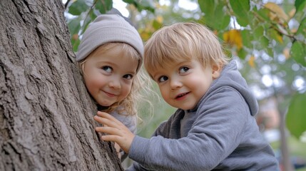 Canvas Print - Two children are leaning against a tree and smiling, AI