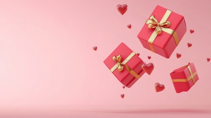 Wall Mural - Three red gift boxes with golden ribbons and hearts floating in the air on a pink background.