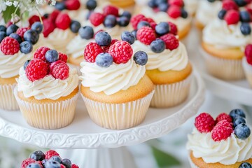 An Elegant Dessert Display Including Cupcakes, Fresh Berries, and Elegant Floral Arrangements