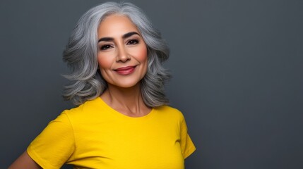 Wall Mural - This is an image of a mature woman with white skin, gray short hair, wavy hair, and a clear yellow t-shirt, isolated in a light grey studio.