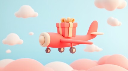 Wall Mural - A red cartoon airplane flying through the clouds, carrying a gift box.