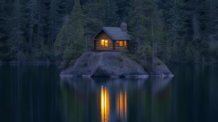 An isolated cabin sits on top of a rock in the middle of a green lake,