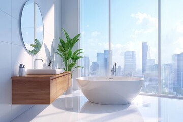 Typical hotel bathroom with double sinks, bathtubs, and windows. Wall mockup.