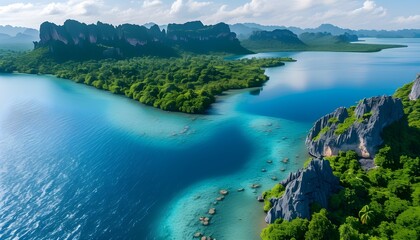 Wall Mural - Aerial view of a tropical paradise with limestone cliffs framing a vibrant blue lagoon and colorful coral reef