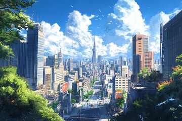 Sticker - Anime Style Cityscape with Tall Buildings and Blue Sky