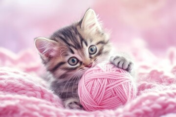 Playing with a ball of yarn, a fluffy kitten stands isolated on a soft pink background,