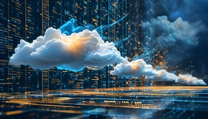 Wall Mural - Futuristic Digital Hologram Showcasing Cloud Computing with Flowing Data and Code in Blue and Golden Light