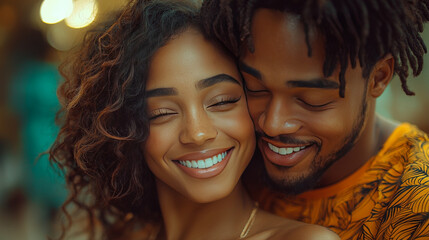 A young Black couple smiles for the camera, close-up.