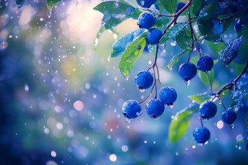 A rainy forest branch is laden with wild blueberries