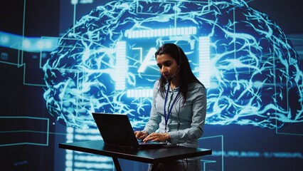 Poster - Speaker talking in online webinar, exploring ways AI can positively enhance companies workforce. Presenter promoting artificial intelligence solutions during internet presentation, camera B