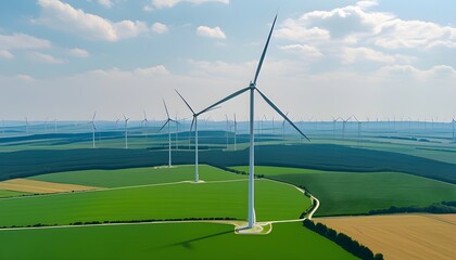 Expansive panorama of wind farm featuring towering turbines generating clean energy, highlighting the concept of sustainability and innovation in renewable power