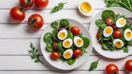 two plates of fresh salad with boiled eggs, cherry tomatoes, and greens on a wooden table.