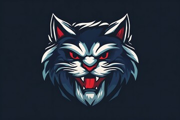 Sticker - Aggressive Cat Mascot Logo with White Fur, Red Eyes and Open Mouth, Dark Blue Background