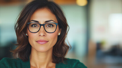 Wall Mural - A confident woman in glasses looks directly at the camera.