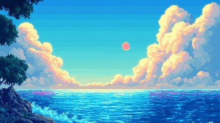 Wall Mural - A pixel art background in 8-bit style, featuring a dither ocean texture and vintage console game aesthetics