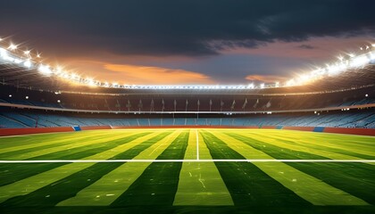 Vibrant soccer field with distinctive grass line patterns in a dynamic football stadium setting