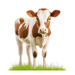 Brown and white cow standing on grass, isolated on white background. transparent background