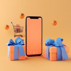 Poster - A black smartphone stands upright in front of two wrapped gifts with blue bows on a light orange background with a shopping cart and christmas ornaments.