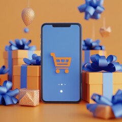 Poster - Smartphone with shopping cart icon surrounded by presents on an orange background.