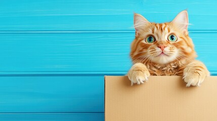 Wall Mural - A cat peeking out of a cardboard box with its paws on the side, AI