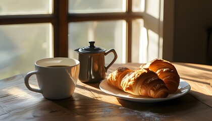 Wall Mural - Charming breakfast tableau featuring croissants and coffee, illuminated by gentle morning sunlight streaming through a window