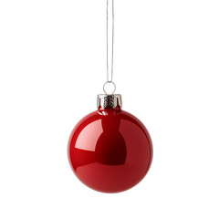 Shiny red Christmas ornament hanging on a string, isolated on white background. transparent background