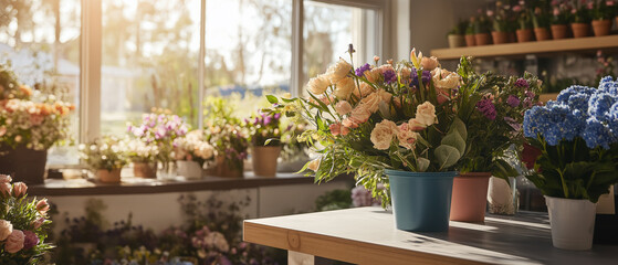 Sunlit flower shop interior with vibrant floral arrangements in pots, displayed on a table and by a window. Cozy and colorful shop setting filled with a variety of blooming plants