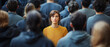 © Pics_With_Love - Young Caucasian woman in a yellow sweater standing out among a crowd of people wearing grey, symbolizing individuality and nonconformity.