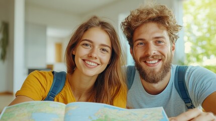 Poster - A man and woman smiling while looking at a map, AI