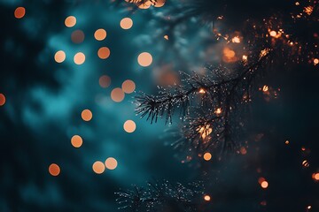 Sticker - Abstract teal blue bokeh background with orange light and pine needles