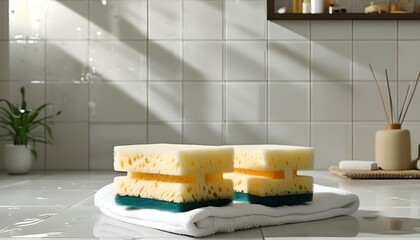 Wall Mural - Refreshing bathroom scene featuring wet sponges on a white towel against a tiled background, emphasizing cleanliness and practical elegance