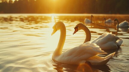 Wall Mural - Swans elegantly moving across the water's surface.