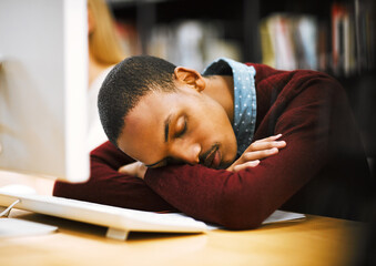 Leinwandbilder - Man, university student and sleeping with computer at library with burnout or tired with research for assignment deadline. Male person, college learner and fatigue in studying for exams or assessment
