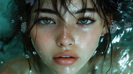 Canvas Print - Woman Underwater Portrait: Close Up of Eyes and Wet Skin