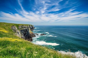 Canvas Print - Coastal Cliffs with Blue Sky and Ocean Waves