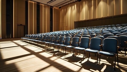 Sticker - Illuminated conference hall with shadows stretching across empty chairs