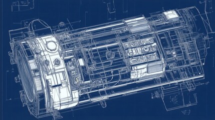 Detailed blueprint of a cylindrical machine component, rendered in white lines on a blue background.