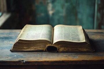 Open vintage book on old wooden table, pages, aged, knowledge