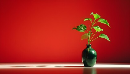 Wall Mural - Emerging green plant in dark vase illuminated by light against vibrant red wall, creating a minimalistic yet dramatic ambiance