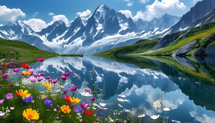 Wall Mural - Serene landscape of wildflowers blooming by a pristine mountain lake, reflecting majestic peaks in tranquil waters