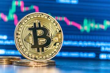 Wall Mural - Close-up of a Bitcoin coin in front of a fluctuating stock market chart, symbolizing cryptocurrency and financial trading