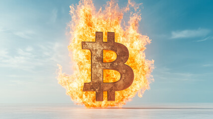 Wall Mural - A blazing Bitcoin symbol engulfed in flames floating above the ocean, representing cryptocurrency volatility and market intensity