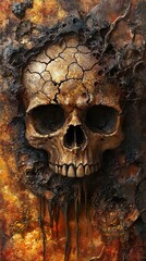 Sticker - A Skull Embedded in Decay: A Dark and Surreal Painting