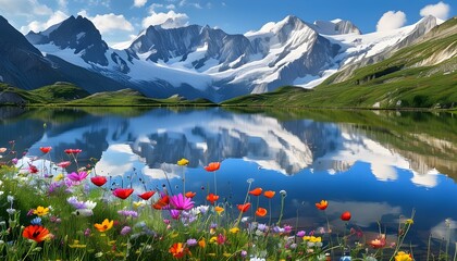 Wall Mural - Serene landscape of wildflowers blooming by a pristine mountain lake, reflecting majestic peaks in tranquil waters