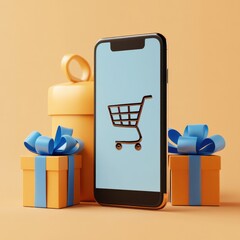 Poster - Smartphone with shopping cart icon and gift boxes.