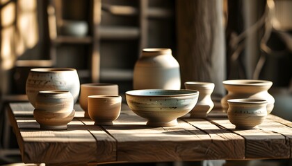 Wall Mural - Serene rustic ceramic bowls and containers on a wooden table illuminated by soft natural light