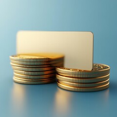 A blank golden bar rests on a stack of gold coins.