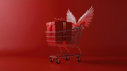 Poster - A red shopping cart with angel wings carries a red gift box on a red background.